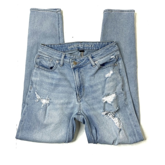 American Eagle Lightwash Distressed Highest Rise Mom Jeans - Picture 1 of 6
